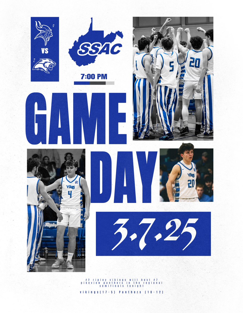 Game Day! Game 1 of the AAA Region 3 Regional Tournament! 

This is the 1st time in school history that Ripley &amp; Pikeview will face off on the hardwood.

🆚 Pikeview High School
📍 Ripley High School
⌚️ 7:00 Varsity
🎥 Fan Hudl
📻 WCEF 98.3 The Bull

#GoVikes #VikingHoops