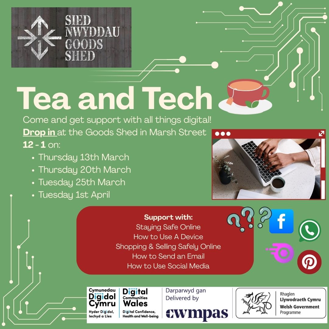 Llanelli Railway Goods Shed Trust (@llanellirgst) on Twitter photo Come and join us for tea and tech sessions!
Do you want to learn how to use social media, send an email?
Pop in to see our staff and volunteers with all your tech questions! No question is too silly.
These sessions are supported by Digital Communities Wales. <a href="/DC_Wales/">Digital Communities Wales</a> Come and join us for tea and tech sessions!
Do you want to learn how to use social media, send an email?
Pop in to see our staff and volunteers with all your tech questions! No question is too silly.
These sessions are supported by Digital Communities Wales. <a href="/DC_Wales/">Digital Communities Wales</a>