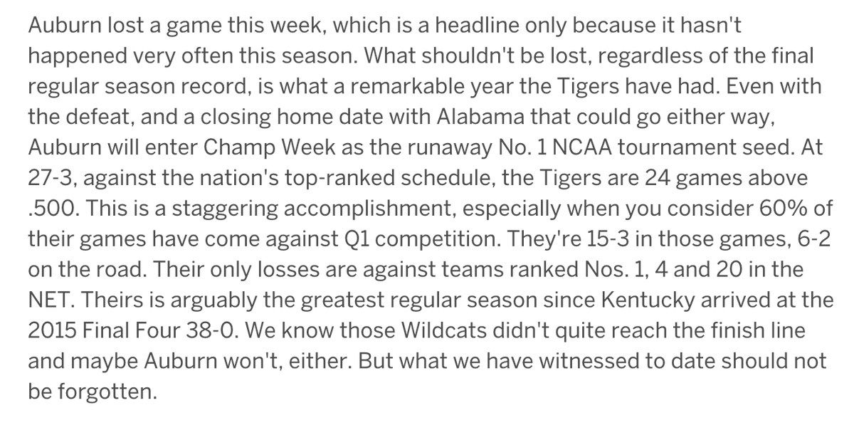 theblakelovell's tweet image. Joe Lunardi's summary on Auburn as the "runaway" top overall seed in the NCAAT.