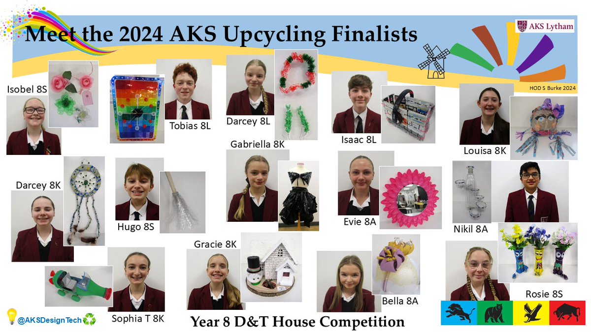 AKSDesignTech's tweet image. In celebration of pupil talent on #IWD2025 @AKSSchool we are pleased to announce our final three Year 8 Plastic Upcycling Finalists 2024-25.  Congratulations to Tobias 👍 Grace  🥈& winner Rosie 🏆 Lots of wonderful entries & thanks to all for their efforts #DesignTechRocks 💡