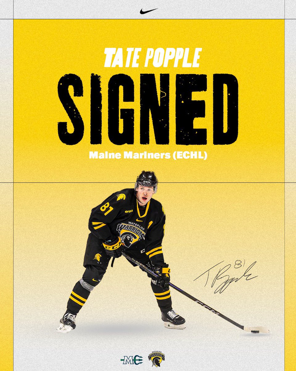 SIGNING ANNOUNCEMENT: Tate Popple is officially a pro! 

Released from an ATO and signed to a pro contract by <a href="/MarinersOfMaine/">Maine Mariners</a> , the <a href="/ECHL/">ECHL</a> affiliate for the Boston Bruins. Tate made his pro debut versus the Reading Royals on Feb 28, and skated in 3 Mariners games.

Congrats Pops!