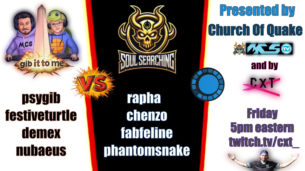 Casting this big matchup in the <a href="/church_of_quake/">ChurchOfQuake</a> SAC league today @ 5PM Eastern. Brought to you by <a href="/MCSxGaming/">MCS Gaming</a> - Consequential matchup for seeding in the 1 day playoff bracket next weekend! Catch it on twitch.tv/cxt_