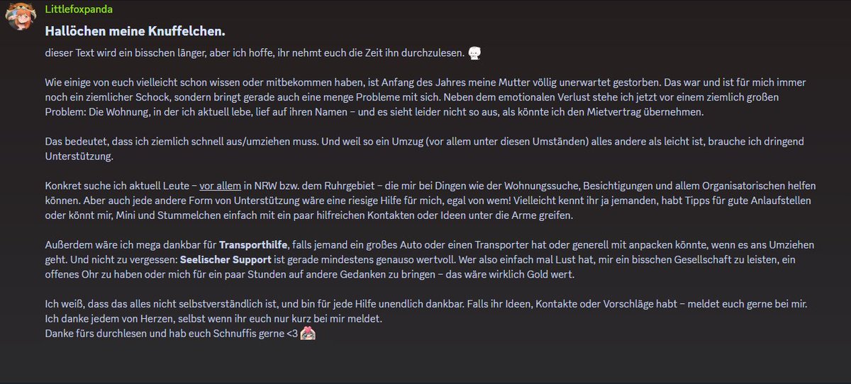 Hier auch noch mal die Ankündigung vom Discord. Ich bin über jedes Teilen und jede Hilfe dankbar. Es ist wirklich dringend. 😭