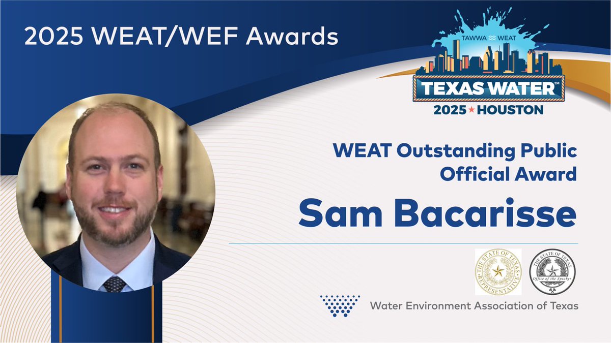 Celebrating Sam Bacarisse from the Texas Legislative Council for being awarded the WEAT Outstanding Public Official Award, which recognizes an elected official or regulator who actively promotes sound science in environmental policy and regulations.
#TXWater25