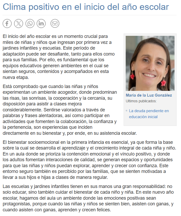 Les invitamos a revisar la columna de nuestra directora ejecutiva, María de la Luz González, en la que se refiere al importante rol que cumplen los equipos educativos en la adaptación de las niñas y niños al jardín infantil y a la escuela.