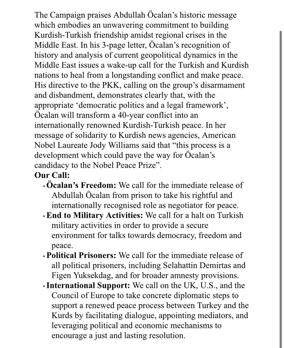 UK Trade Union Campaign statement on Mr Ocalan’s call for Peace &amp; Democratic Society. We continue to call for his &amp;all political prisoners release &amp; an end to Turkish military activities in order provide a secure place for talks to take place towards #peace, #democracy &amp; #freedom