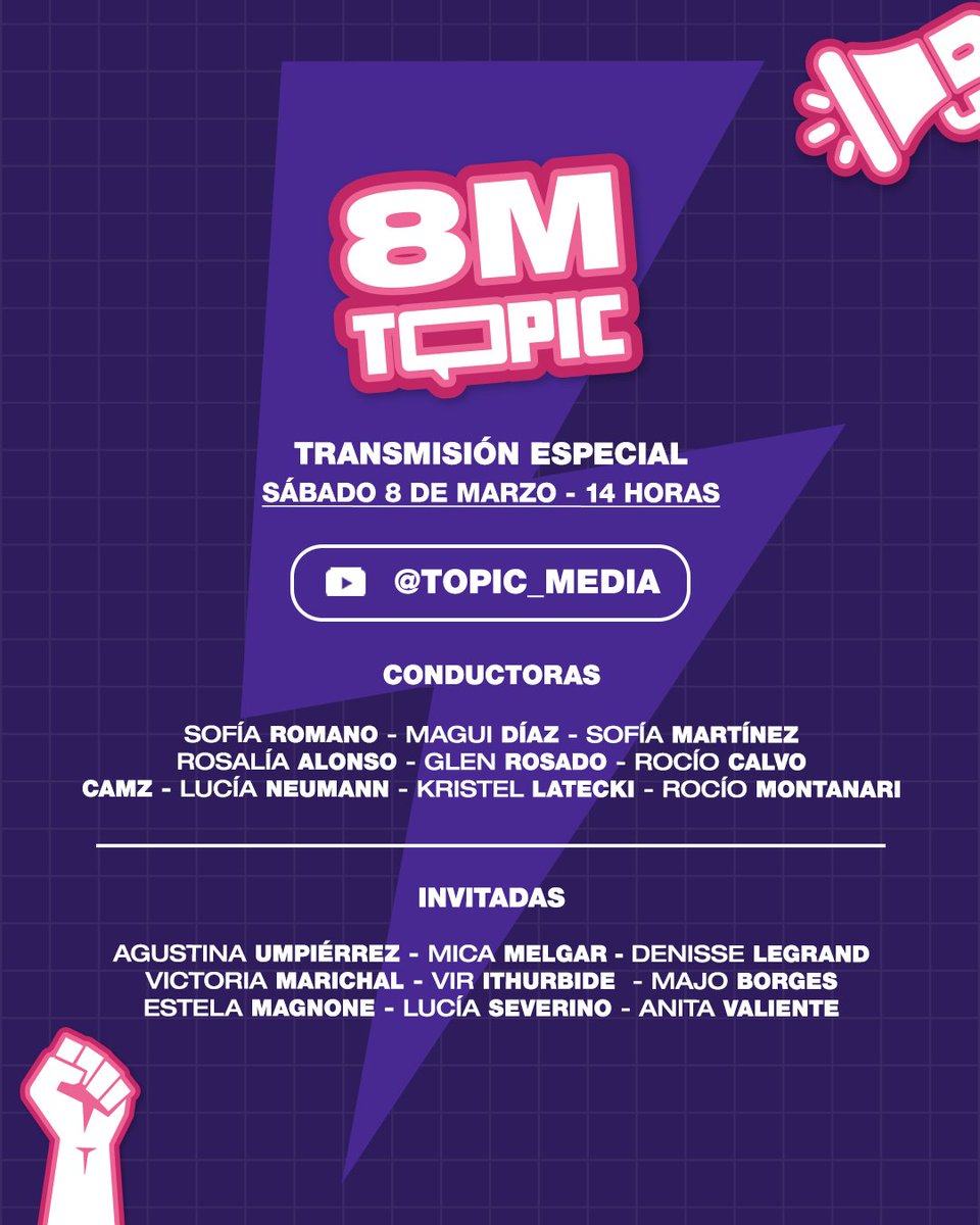 💜 #8M en #Topic ⚡️

▶️ De 14 a 18h transmisión especial en la previa de la marcha.

➕ Cobertura especial de noticias e informes en <a href="/topic_media/">Topic</a>.