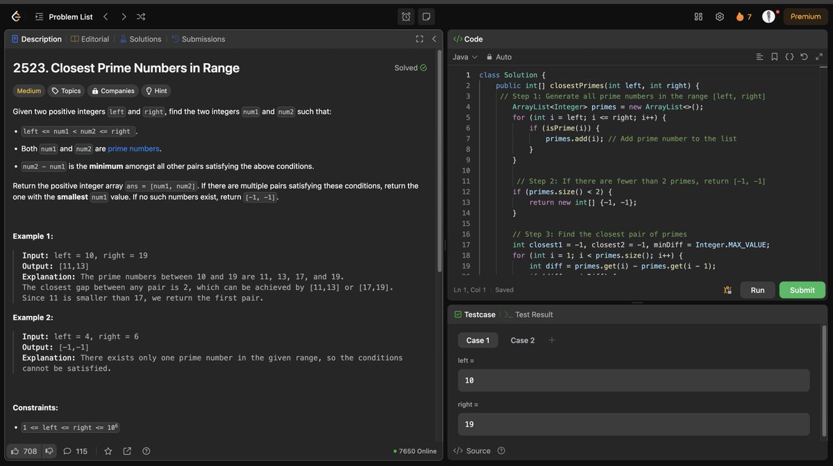 ArbaaSaddam's tweet image. #100DaysOfCode Round 3 (56/100) with @codewithmandy #360DaysOfCode

✅ Solved: Closest Prime Numbers in Range

#LeetCode #100DaysOfCode #PrimeNumbers #Algorithms #BuildInPublic #LearningInPublic #ProblemSolving #TechTwitter #LetsConnect