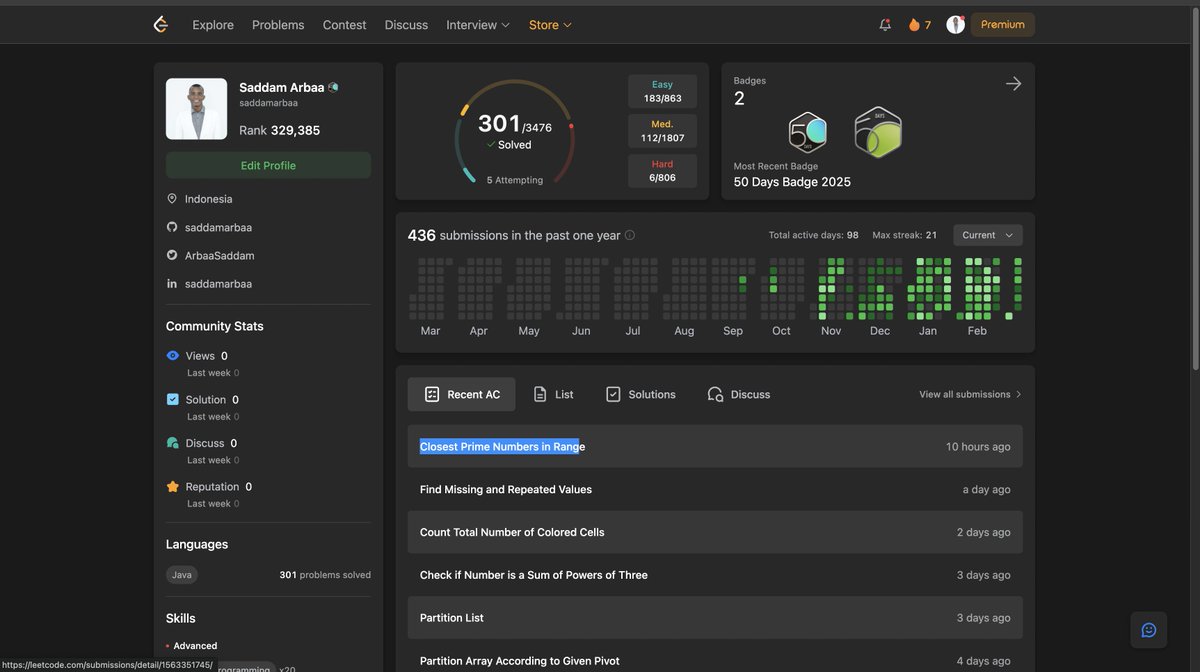 ArbaaSaddam's tweet image. #100DaysOfCode Round 3 (56/100) with @codewithmandy #360DaysOfCode

✅ Solved: Closest Prime Numbers in Range

#LeetCode #100DaysOfCode #PrimeNumbers #Algorithms #BuildInPublic #LearningInPublic #ProblemSolving #TechTwitter #LetsConnect