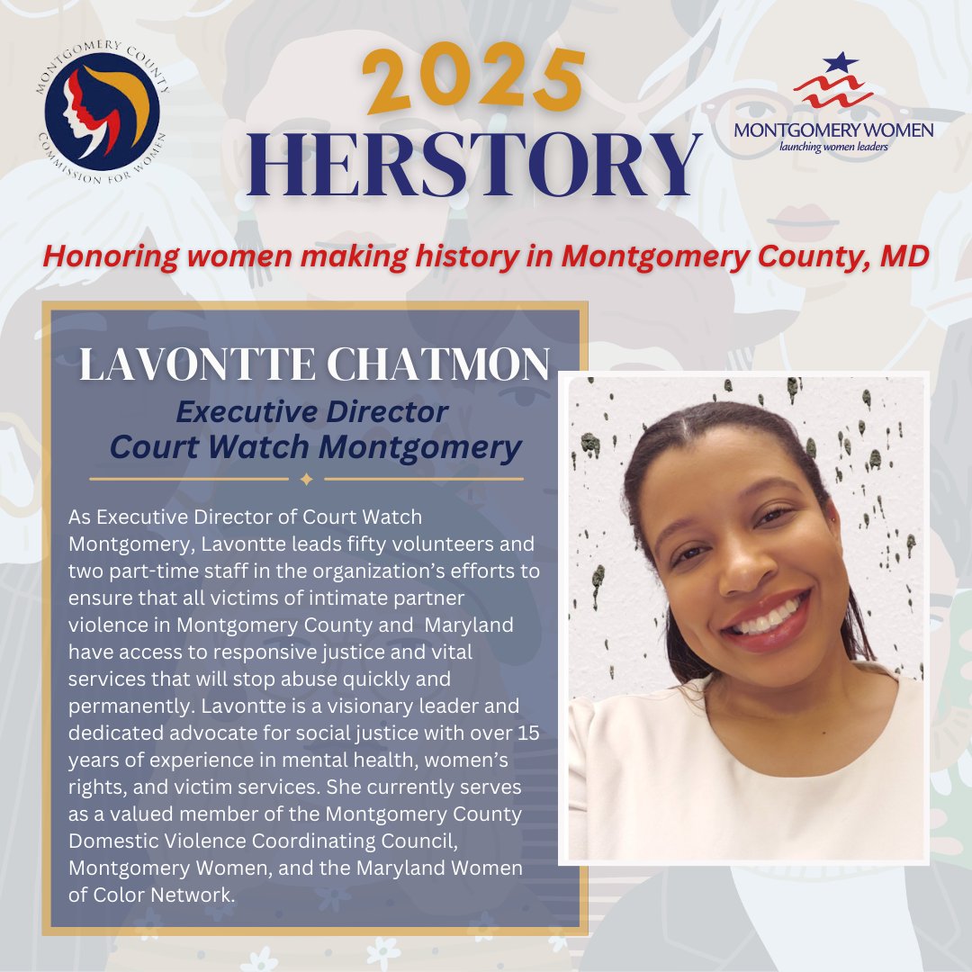 MoCoWomen's tweet image. Today, for #WomensHistoryMonth, we celebrate Lavontte Chatmon, the Executive Director of Court Watch Montgomery @DVCourtWatch

All March, the Montgomery County Commission for Women and @MontWomen will honor the 2025 Women Making History recipients. #WMH2025 #MoCoHerstory