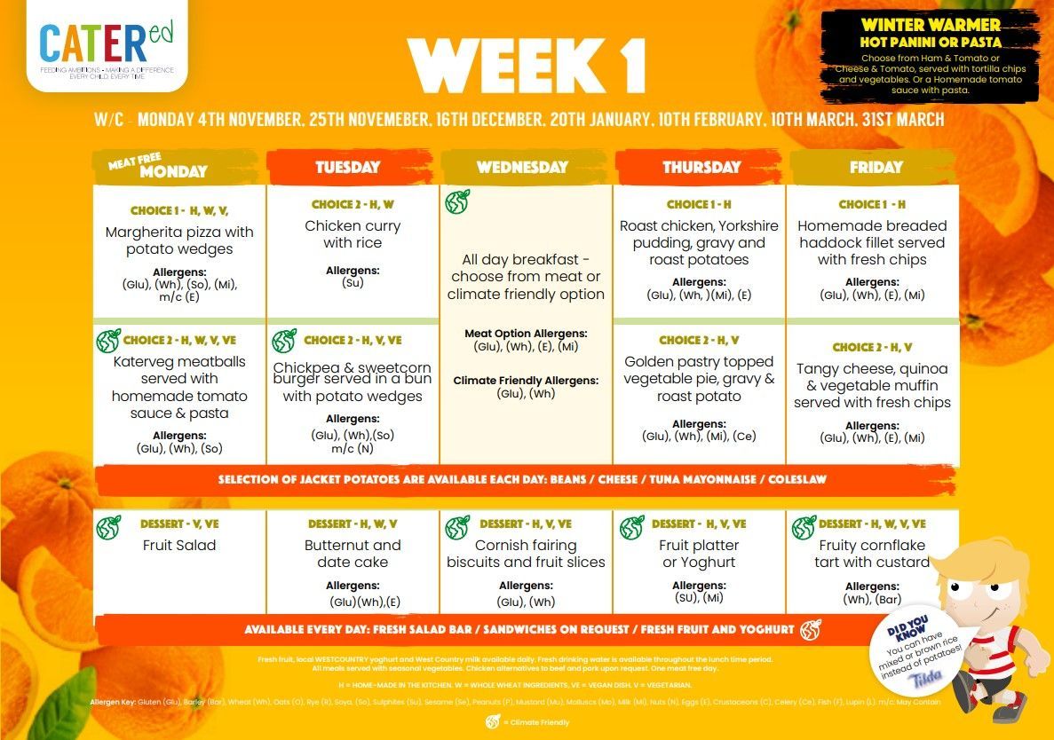 Next week marks the return of our Week 1 menu! 🎉 Enjoy popular classics like Margherita pizza, all-day breakfast, roast chicken, and breaded haddock with chips🍕🍳🍗🍟