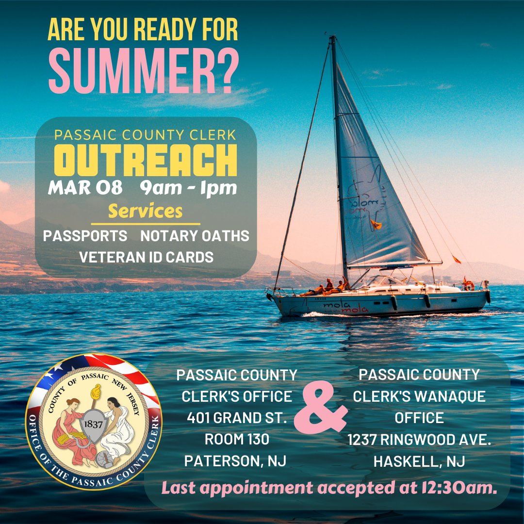 The Passaic County Clerk’s Paterson and Wanaque Offices will be open for extra hours tomorrow. Services are by appointment only. Book your appointment online smpl.is/a3718 #NJ #passport #notarypublic #veteran #passaiccounty