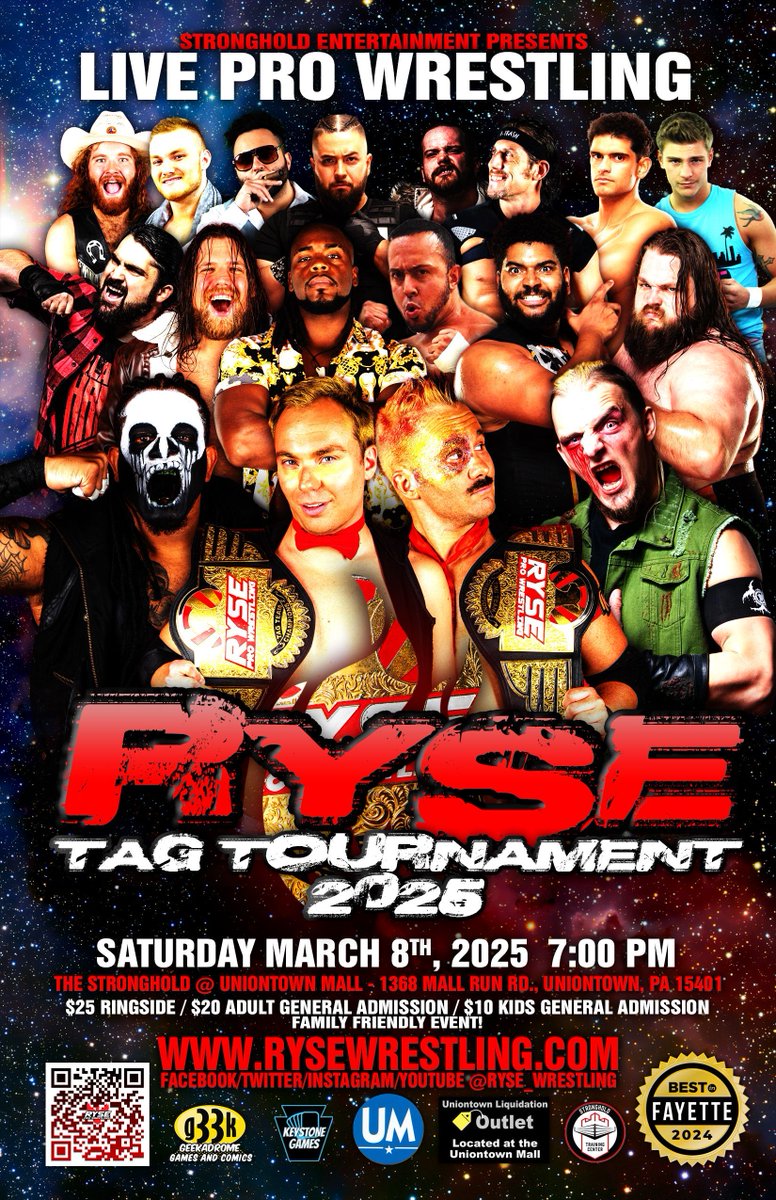 It's almost time for the biggest tag tournament of the year!  Get your ticket now to ensure yourself a seat for the action.

March 8th Tickets: rysewrestling.com #Prowrestling #WWEfans #Pittsburgh #Events #Uniontown #NWA