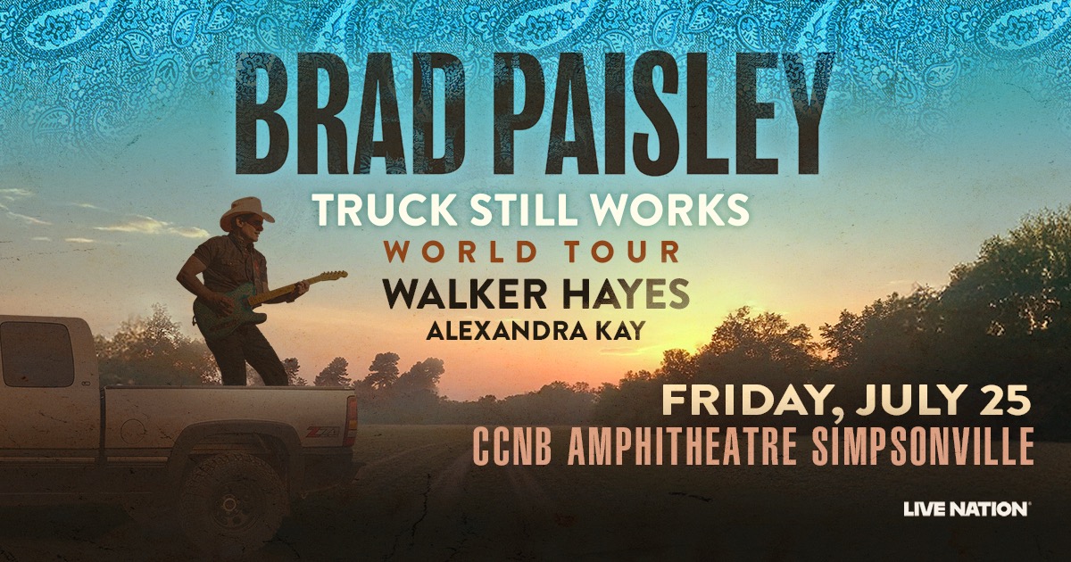 CCNB Amphitheatre at Heritage Park (@ccnbamp) on Twitter photo 🛻 <a href="/BradPaisley/">Brad Paisley</a>’s Truck Still Works World Tour is coming to <a href="/CCNBAmp/">CCNB Amphitheatre at Heritage Park</a> #Simpsonville on Friday 7/25 with special guests @WalkerHayes and @_AlexandraKay! Get your tickets here: bit.ly/BradPaisleySVL… 🛻 <a href="/BradPaisley/">Brad Paisley</a>’s Truck Still Works World Tour is coming to <a href="/CCNBAmp/">CCNB Amphitheatre at Heritage Park</a> #Simpsonville on Friday 7/25 with special guests @WalkerHayes and @_AlexandraKay! Get your tickets here: bit.ly/BradPaisleySVL…