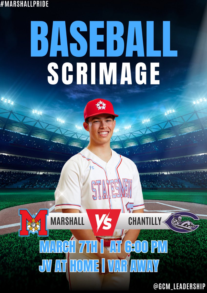 Marshall HS Athletics (@gcmsports1) on Twitter photo Marshall Baseball are in action tonight in their first scrimmage of the season! The Varsity will travel to Chantilly and JV will play at home. Let’s go Statesmen Baseball!!
⚾️⚾️⚾️
<a href="/MStatesmenBsbl/">Marshall HS Statesmen Baseball</a>
#marshallpride Marshall Baseball are in action tonight in their first scrimmage of the season! The Varsity will travel to Chantilly and JV will play at home. Let’s go Statesmen Baseball!!
⚾️⚾️⚾️
<a href="/MStatesmenBsbl/">Marshall HS Statesmen Baseball</a>
#marshallpride