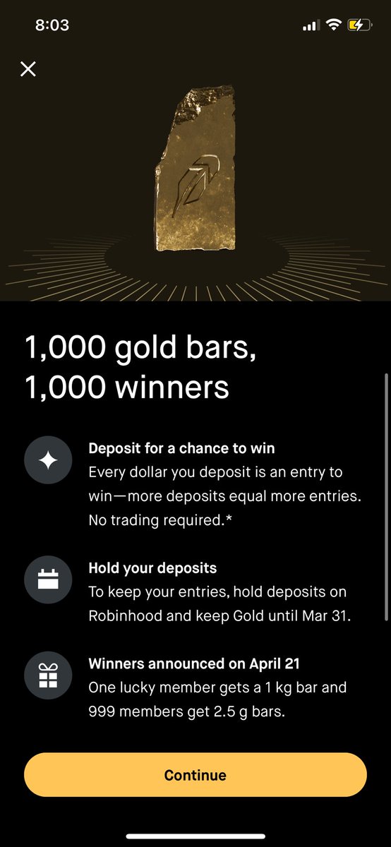 FloWReDD's tweet photo. Robinhood announces new gold bar event. Every dollar deposit gets you an entry for a gold bar. #HOOD 

@RobinhoodApp https://t.co/x9sbSWM3wj
