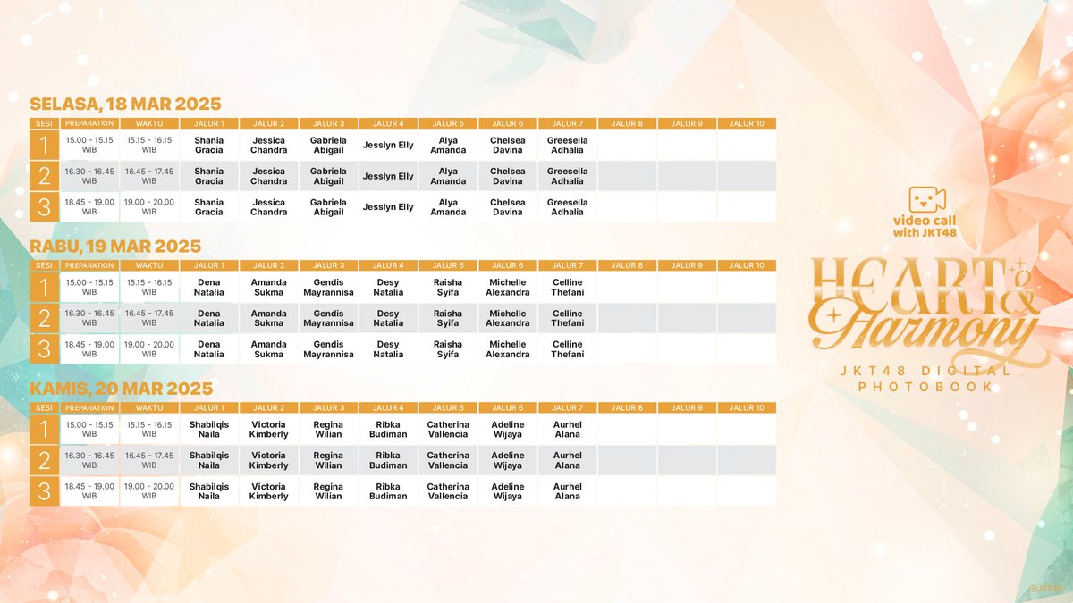 officialJKT48's tweet image. Berikut adalah timetable untuk Video Call with JKT48 sebagai bonus pre-order Digital Photobook “Heart &amp;amp; Harmony”, Maret 2025. (2/2)