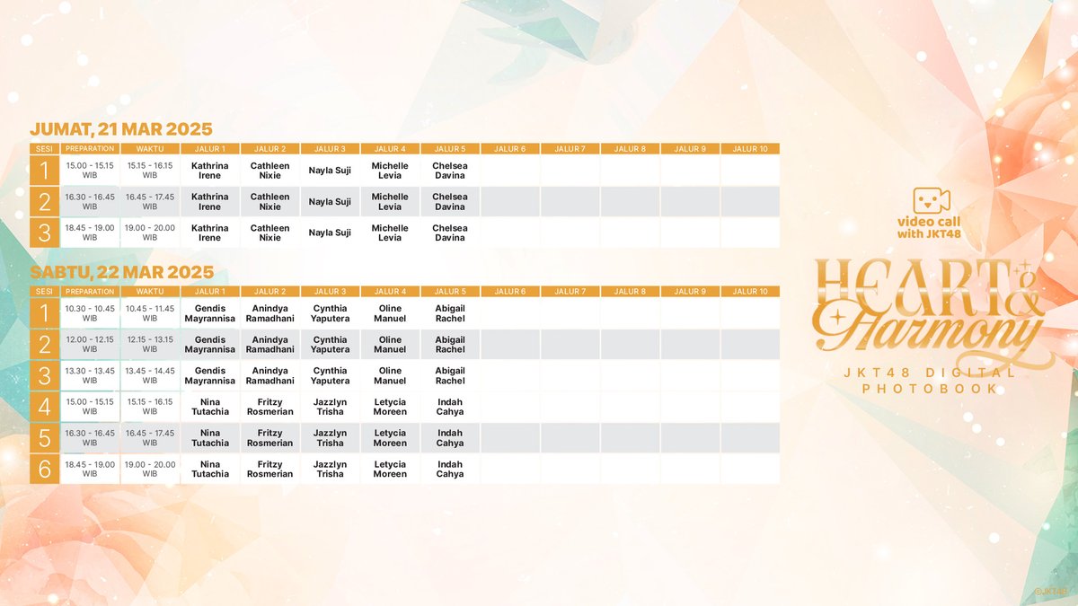 officialJKT48's tweet image. Berikut adalah timetable untuk Video Call with JKT48 sebagai bonus pre-order Digital Photobook “Heart &amp;amp; Harmony”, Maret 2025. (2/2)