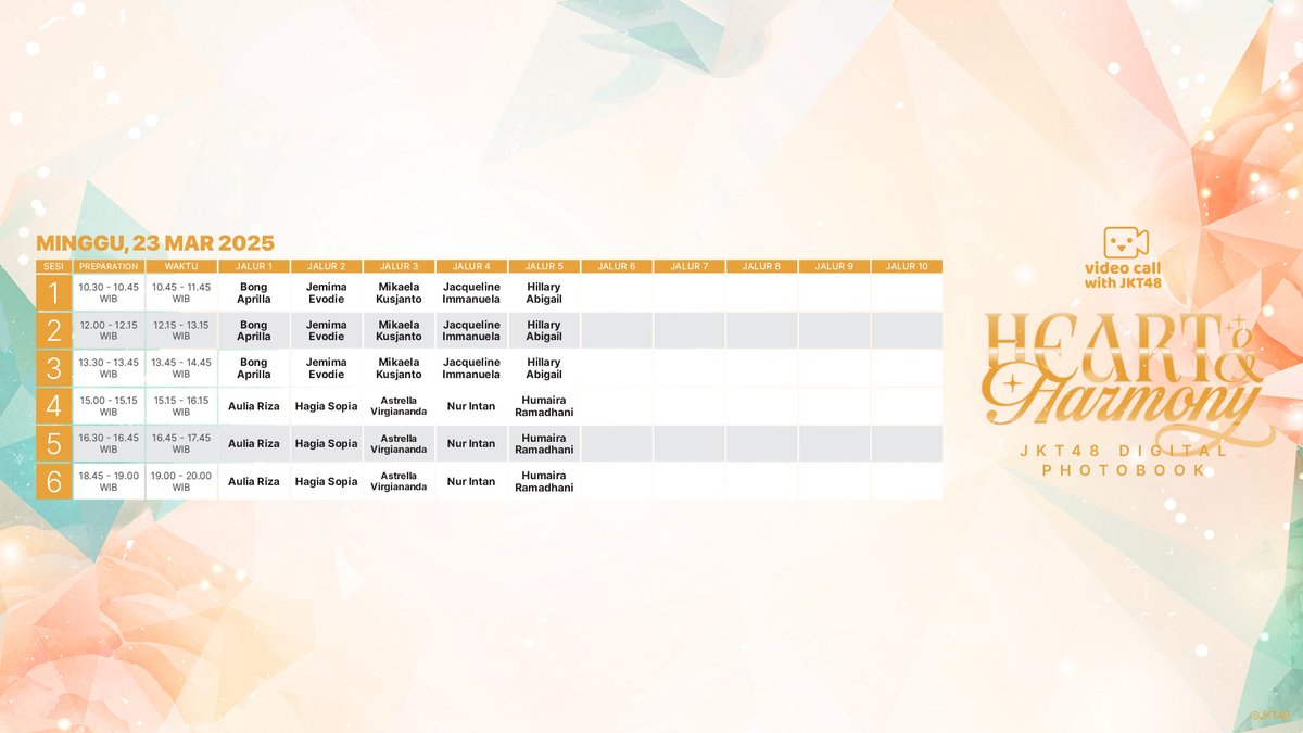 officialJKT48's tweet image. Berikut adalah timetable untuk Video Call with JKT48 sebagai bonus pre-order Digital Photobook “Heart &amp;amp; Harmony”, Maret 2025. (2/2)