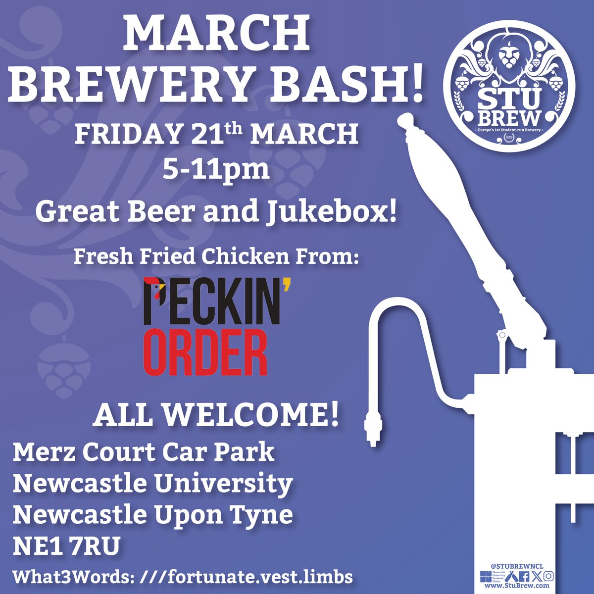 StuBrewNCL's tweet image. On Friday 21st of March, from 5-11pm, we are holding this month's Brewery Bash in Merz Court Car Park, the site of our brewery!
Peckin' Order will be serving delicious, freshly cooked fried chicken sandwiches, and we are running a jukebox that lets you choose the music! 📻🎵