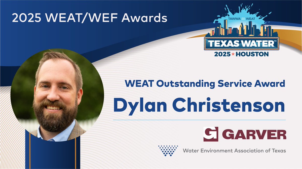 Celebrating Dylan Christenson, PhD, PE from Garver for being awarded the WEAT Outstanding Service Award, bestowed in recognition of your dedication to WEAT, exemplified during your term as WEAT President.

Join us at Texas Water 2025 in Houston to celebrate with our winners!
