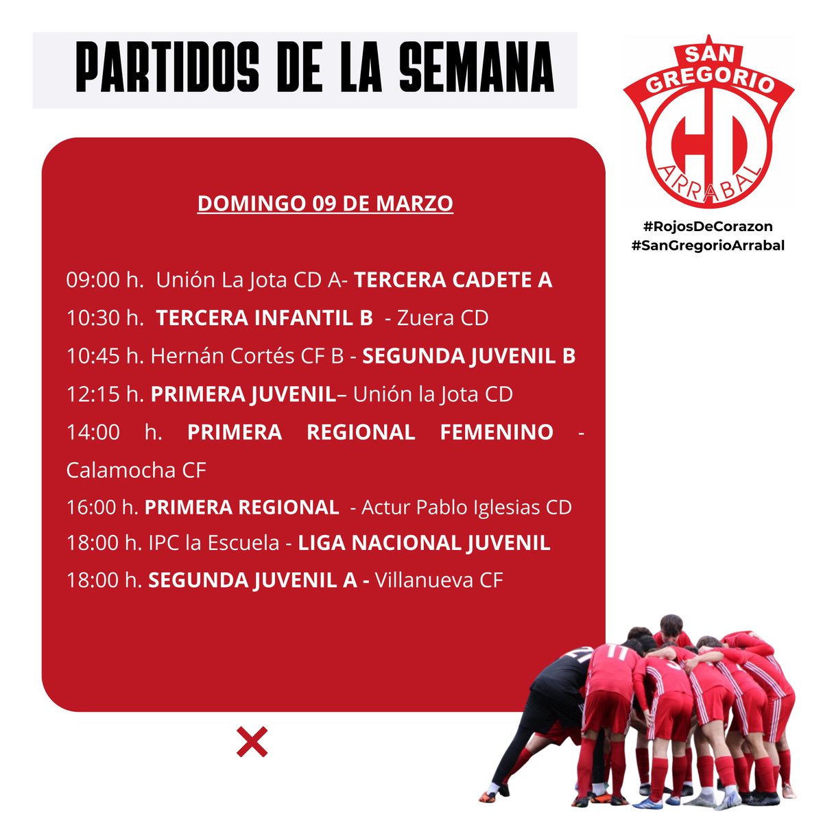 Los horarios de nuestros 28 equipos para este fin de semana a pleno rendimiento. 
Mucha suerte a todos.
𝗩𝗔𝗠𝗢𝗦 𝗥𝗢𝗝𝗢𝗦! ❤️
#RojosDeCorazon
#sangregorioarrabal