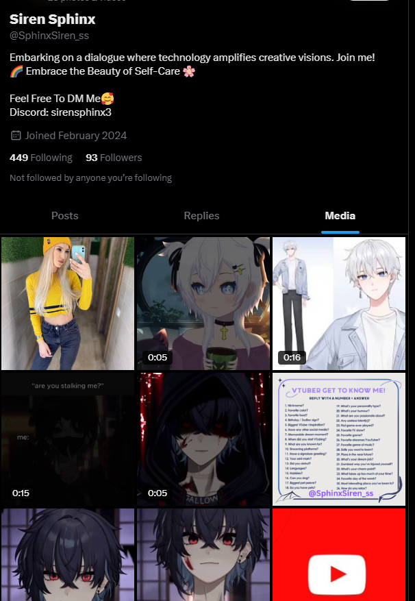 WARNING to fellow VTubers ❗

These bots are getting out of hand and are now stealing VTuber videos! Taking content without permission is never okay.

Please help report @/SphinxSiren_ss and other bots. Just a reminder to stay alert, thank you.