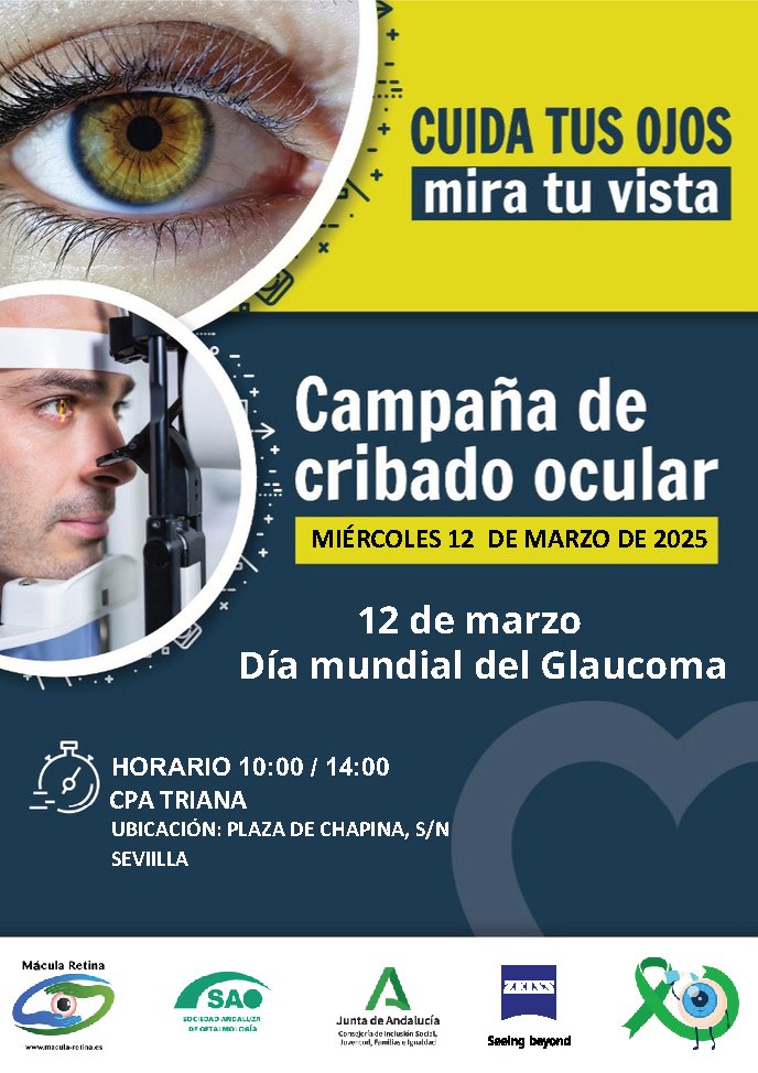 📅 12 de marzo de 2025 👁️ Día Mundial del Glaucoma ¡No dejes que el glaucoma te quite la visión! 👓Participa en nuestra Campaña de cribado ocular: "Cuida tus ojos: mira tu vista" 🩺 📍 CPA Triana, Plaza Chapina s/n - Sevilla
<a href="/SAOoftalmologia/">SAOftalmología</a> <a href="/IgualdadAND/">Inclusión Social, Juventud, Familias e Igualdad</a> <a href="/ZEISS_Group/">ZEISS Group</a>