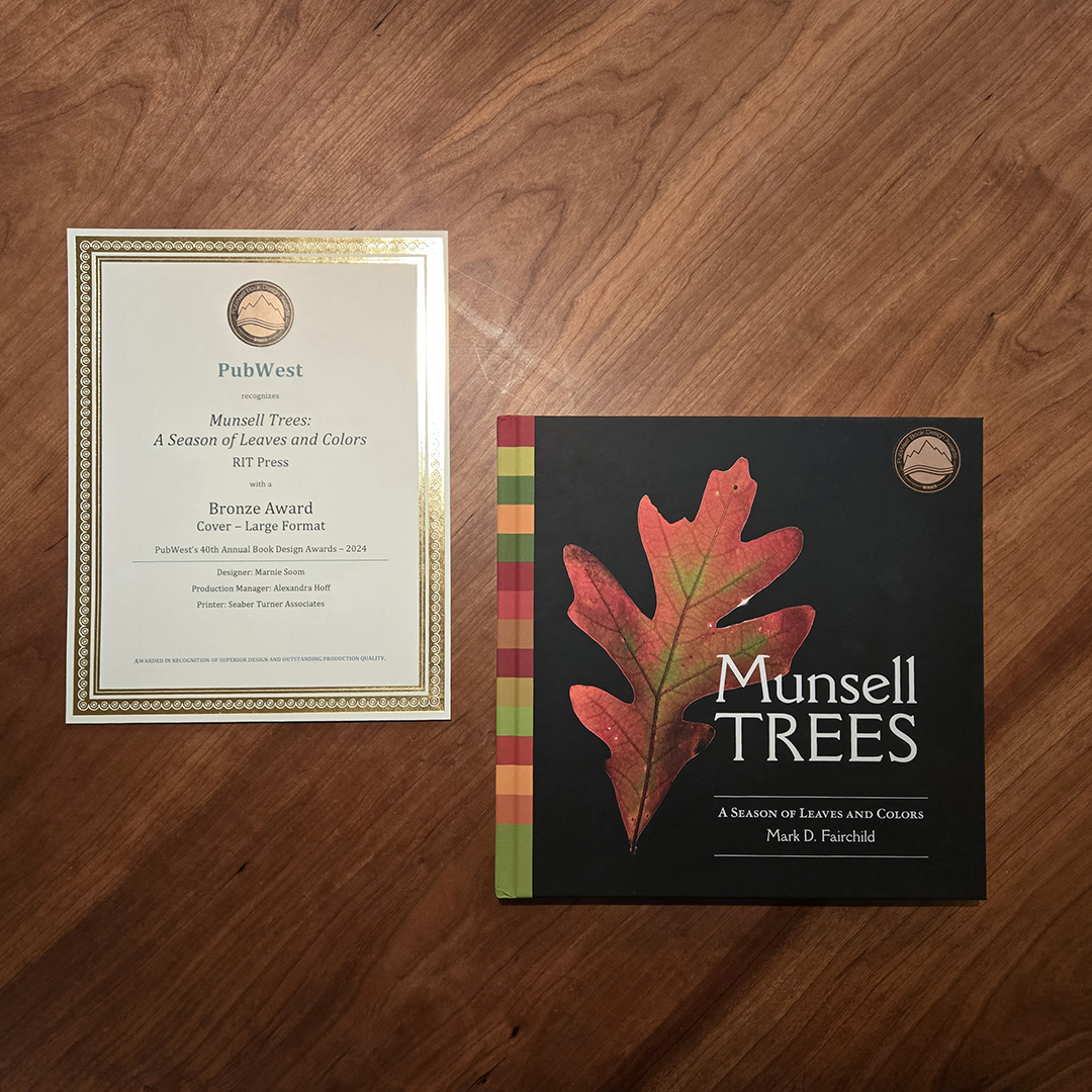 Munsell Trees has won bronze in the Cover-Large Format category of the PubWest Book Design Awards! We're thrilled to add the award sticker to that beautiful cover.

Designer: Marnie Soom
Production Manager: Alexandra Hoff
Printer: Seaber Turner Associates
press.rit.edu/9781956313086/…