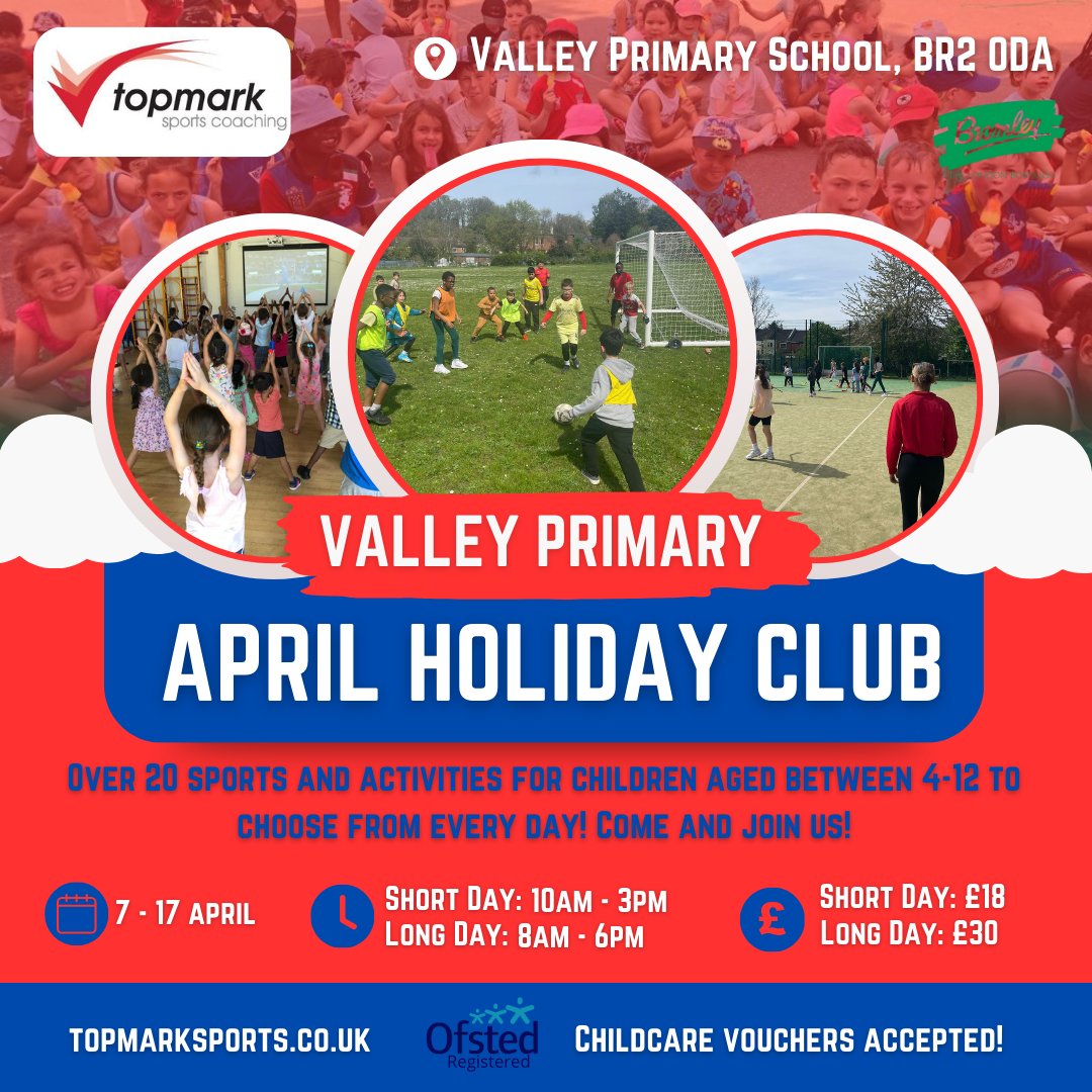 TopmarkSports's tweet image. April Holiday Clubs!
📍 Valley, Bromley
📍 Gordonbrock, Lewisham 
🔗 topmarksports.co.uk

#TOPMARK
