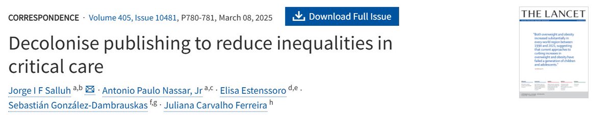 Sebastián González-Dambrauskas, MD 👨⚕️🏥🌎 (@sgdambrauskas) on Twitter photo Our letter to <a href="/TheLancet/">The Lancet</a> is online now:
Check it out:
thelancet.com/journals/lance…
Academic Journals perpetuate colonialism and we should all work together to decolonise publishing to reduce inequalities, particularly in critical care
#PedsICU <a href="/PICJournalWatch/">PICU Journal Watch #PedsICU #PedsCICU</a> Our letter to <a href="/TheLancet/">The Lancet</a> is online now:
Check it out:
thelancet.com/journals/lance…
Academic Journals perpetuate colonialism and we should all work together to decolonise publishing to reduce inequalities, particularly in critical care
#PedsICU <a href="/PICJournalWatch/">PICU Journal Watch #PedsICU #PedsCICU</a>