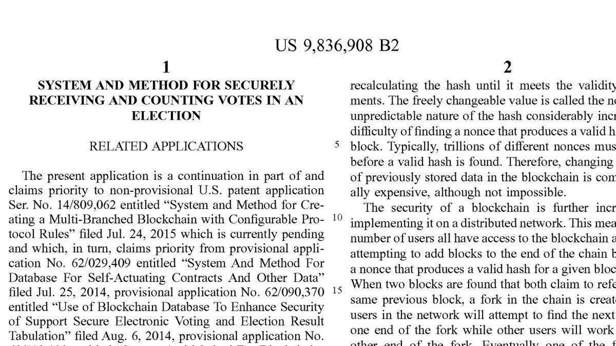 OGblockchain's tweet image. The first #blockchainvoting patent, applied for 10+ years ago and granted over 7 years ago. (Second of two of the first seven granted that even mention Blockchain!) We have it. We know #blockchain. OGs. #cryptoreserve