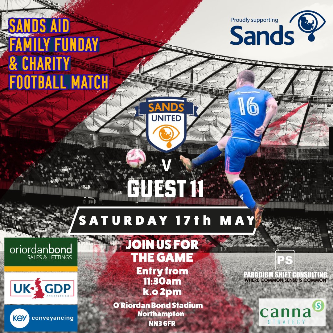 17.03.25🧡💙
<a href="/SufcNorthants/">Sands United Northants</a> v Guest 11 proudly sponsored by
<a href="/oriordanbondEA/">O'Riordan Bond</a>  at the O'Riordan Bond Stadium Northampton. Further details tbc........ #ItsNotJustAboutFootball

(Re posted corrected date) 🤦‍♂️