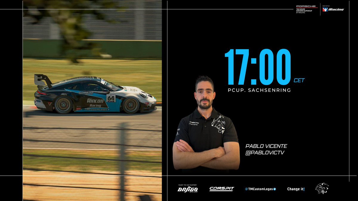 RinconRacing TMCustomLogos (@rinconracing) on Twitter photo PESC All-Stars!🏁
Round 4!🏁
Superamos el ecuador de este campeonato organizado por <a href="/iRacing/">iRacing</a> y <a href="/PorscheRaces/">Porsche Motorsport</a>, donde debutamos con tu coche REY🔥.
🙎🏻♂️<a href="/PabloVicTV/">Pablo Vicente 👑</a>
🇩🇪 Sachsenring.
🚗 Porsche 992 GT3 CUP.
⏰ 17:00hs 🇪🇸
🟣twitch.tv/pablovicente
#iRacing #PESC #PESCAllStars PESC All-Stars!🏁
Round 4!🏁
Superamos el ecuador de este campeonato organizado por <a href="/iRacing/">iRacing</a> y <a href="/PorscheRaces/">Porsche Motorsport</a>, donde debutamos con tu coche REY🔥.
🙎🏻♂️<a href="/PabloVicTV/">Pablo Vicente 👑</a>
🇩🇪 Sachsenring.
🚗 Porsche 992 GT3 CUP.
⏰ 17:00hs 🇪🇸
🟣twitch.tv/pablovicente
#iRacing #PESC #PESCAllStars
