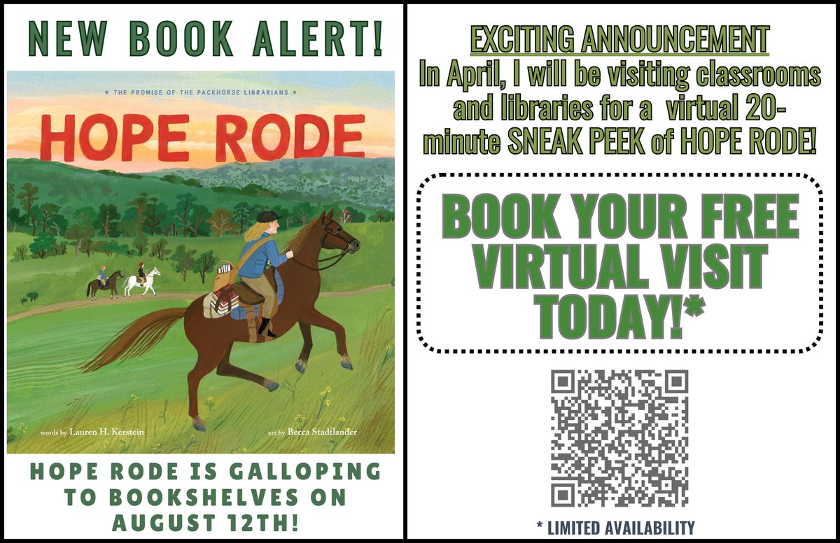 LaurenKerstein's tweet photo. HOPE RODE trots to #bookshelves in August. #Teachers, #Librarians, book your FREE Sneak Peek TODAY! https://t.co/sU3X2sHA0d
#HopeRode #schoolvisit #authorvisit  #kidlit @EastWestLit @UnionSquareKids #WritingCommunity @12x12Challenge @SCBWIRockyMtn https://t.co/YQdLr8cqX2