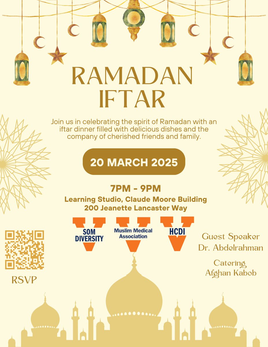 Ramadan Iftar, 3/20, 7:00pm, Claude Moore Medical Education Building Learning Studio

Hosted by the UVA SOM Office of DEI; the Muslim Medical Association at UVA; and the UVA Housestaff Council for Diversity &amp; Inclusion 
 
Register by March 17. 

buff.ly/NXzQ0B2
