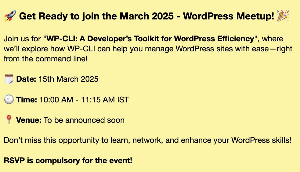 bvnwpmeetup's tweet photo. March 2025 - Bhavnagar  WordPress Meetup Announcement 📣

Here is the RSVP Link: https://t.co/A6cpX706dc https://t.co/PJCRPLyoH7