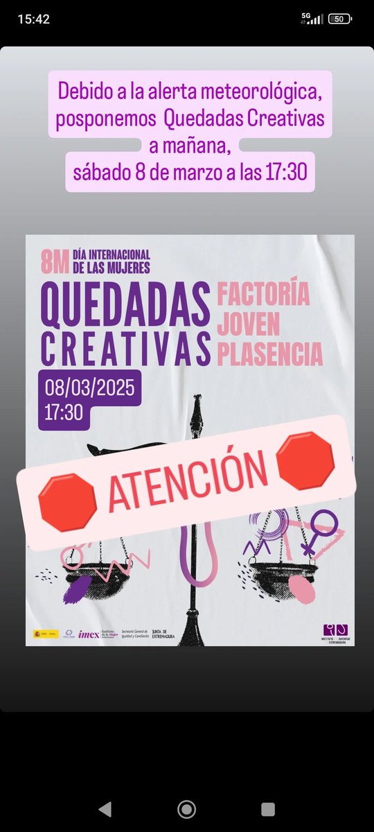 Se pospone el evento por alerta meteorológica.

Os esperamos mañana sábado 8 de marzo a las 17:30.