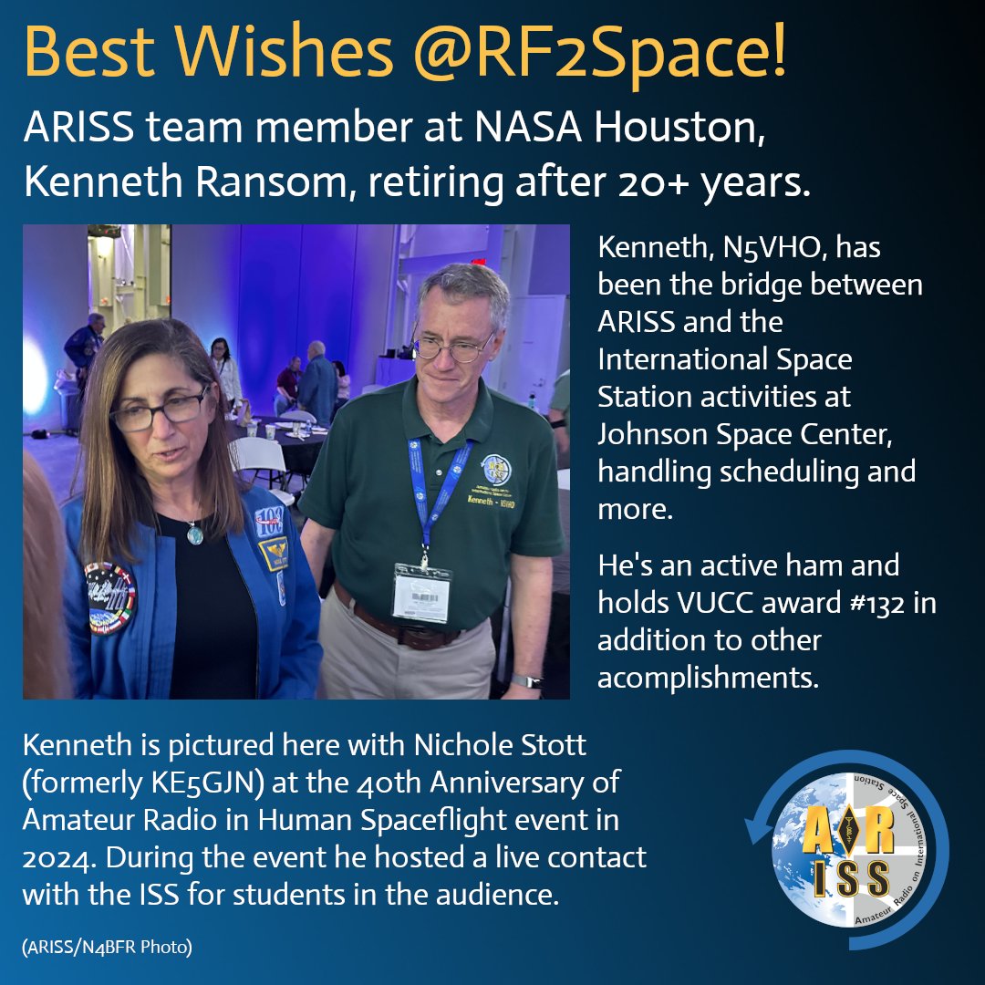 To get past 1,700 STEM contacts with the ISS for students, it takes someone on the inside at NASA. 

Our person on the inside has been Kenneth, N5VHO (and <a href="/RF2Space/">ISS Ham</a> here).    We wish him nothing but the best in retirement when he departs later this year.

73 to N5VHO!