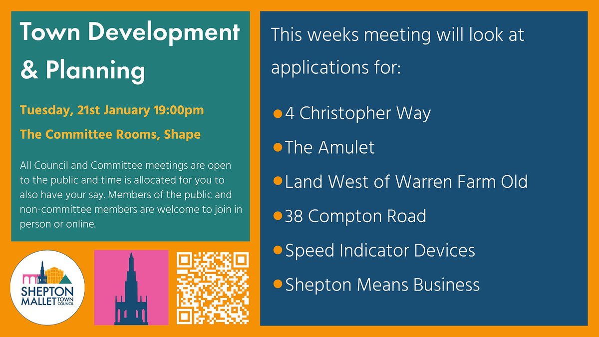 All Council and Committee meetings are open to the public and time is allocated for you to also have your say. 📢

Next week's meeting is a Town Development &amp; Planning meeting more info about it can be found here: sheptonmallet-tc.gov.uk/event/town-dev…
