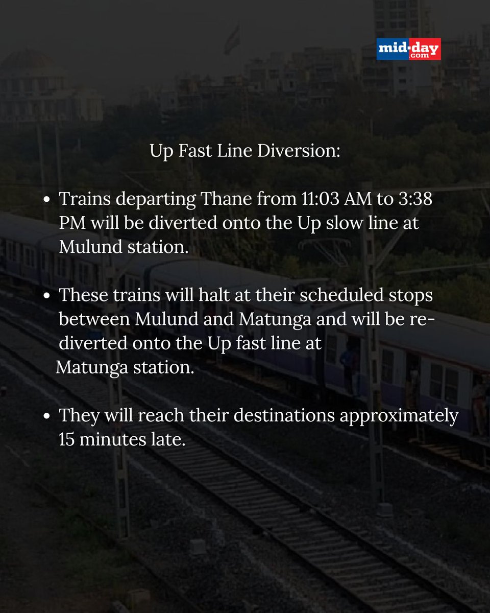 mid_day's tweet image. Central Railway, Mumbai Division, will conduct a Mega Block on Sunday, March 9, for essential engineering and maintenance work, affecting suburban train services.

mid-day.com/mumbai/mumbai-…

#Mumbai #CentralRailway #LocalTrain #MumbaiNews