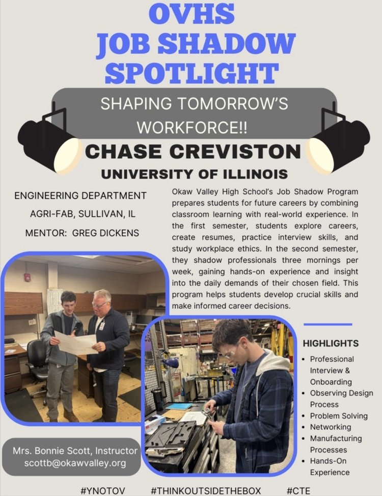 The OVHS job shadow program provides a great opportunity for our upperclassmen to get real world experience and training. #YNotOV