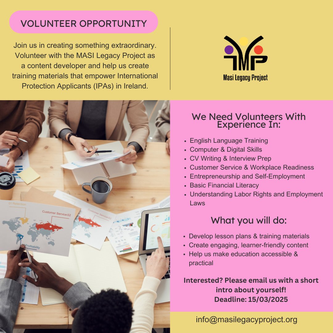 MASI - Movement of Asylum Seekers in Ireland (@masi_asylum) on Twitter photo Join the MASI Legacy Project as a volunteer content developer and help us create training materials that empower International Protection Applicants (IPAs) in Ireland!
We Need Volunteers With Experience
📩 Interested? Email us at info@masilegacyproject.org Join the MASI Legacy Project as a volunteer content developer and help us create training materials that empower International Protection Applicants (IPAs) in Ireland!
We Need Volunteers With Experience
📩 Interested? Email us at info@masilegacyproject.org