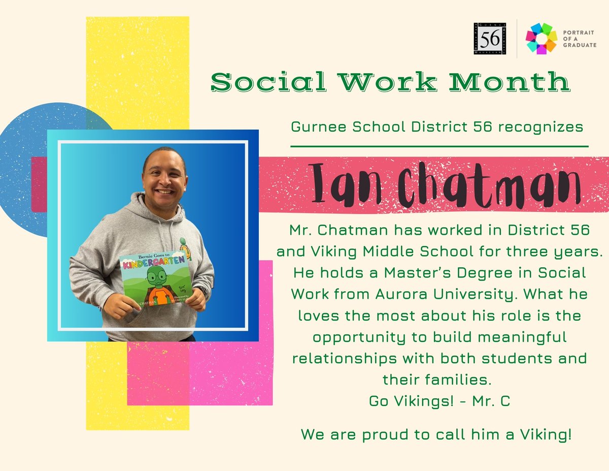 Gurnee School District 56 is excited to share an employee spotlight with you!

Mr. Ian Chatman Viking Middle School - social worker.

Thank you for all the hard work you do!