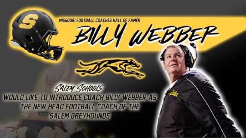 Arkansas Football Scoop (@arkhsfbscoop) on Twitter photo 🚨 BREAKING :: Salem has hired Billy Webber to be the schools next head football coach, <a href="/ArkHSFBscoop/">Arkansas Football Scoop</a> 🏈
➡️ Webber is in the Missouri Football Coaches Hall of Fame.
<a href="/RRainwater1037/">Randy Rainwater</a> <a href="/ETTaylor79/">Erick Taylor</a> <a href="/sully7777/">Steve Sullivan</a> 🚨 BREAKING :: Salem has hired Billy Webber to be the schools next head football coach, <a href="/ArkHSFBscoop/">Arkansas Football Scoop</a> 🏈
➡️ Webber is in the Missouri Football Coaches Hall of Fame.
<a href="/RRainwater1037/">Randy Rainwater</a> <a href="/ETTaylor79/">Erick Taylor</a> <a href="/sully7777/">Steve Sullivan</a>