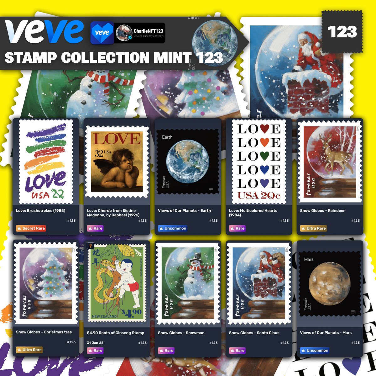 💌 Stamp Collection Mint #123 💌
From timeless classics like Cherub by Raphael to enchanting Snow Globes and cosmic wonders of Earth &amp; Mars, Mint #123 is a must-have! 🌍✨❄️
#VeVe #Mint123 #StampArt #DigitalCollectibles