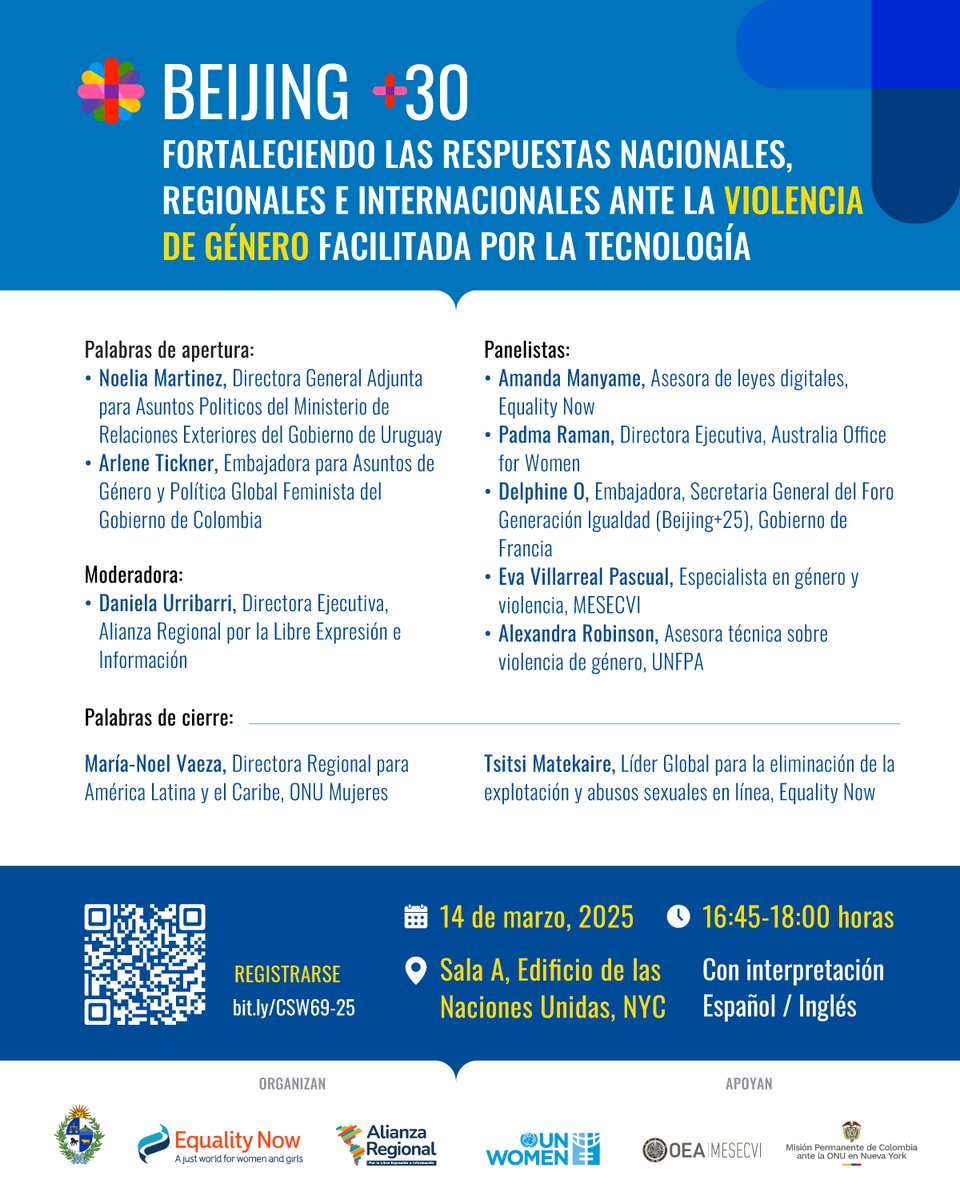El 14/3 únete a nuestro side event en #CSW69 y junto a referentes clave, participa del debate por un espacio digital más seguro en el que mujeres y niñas puedan expresarse libremente✊

📌Incripción: bit.ly/CSW69-25