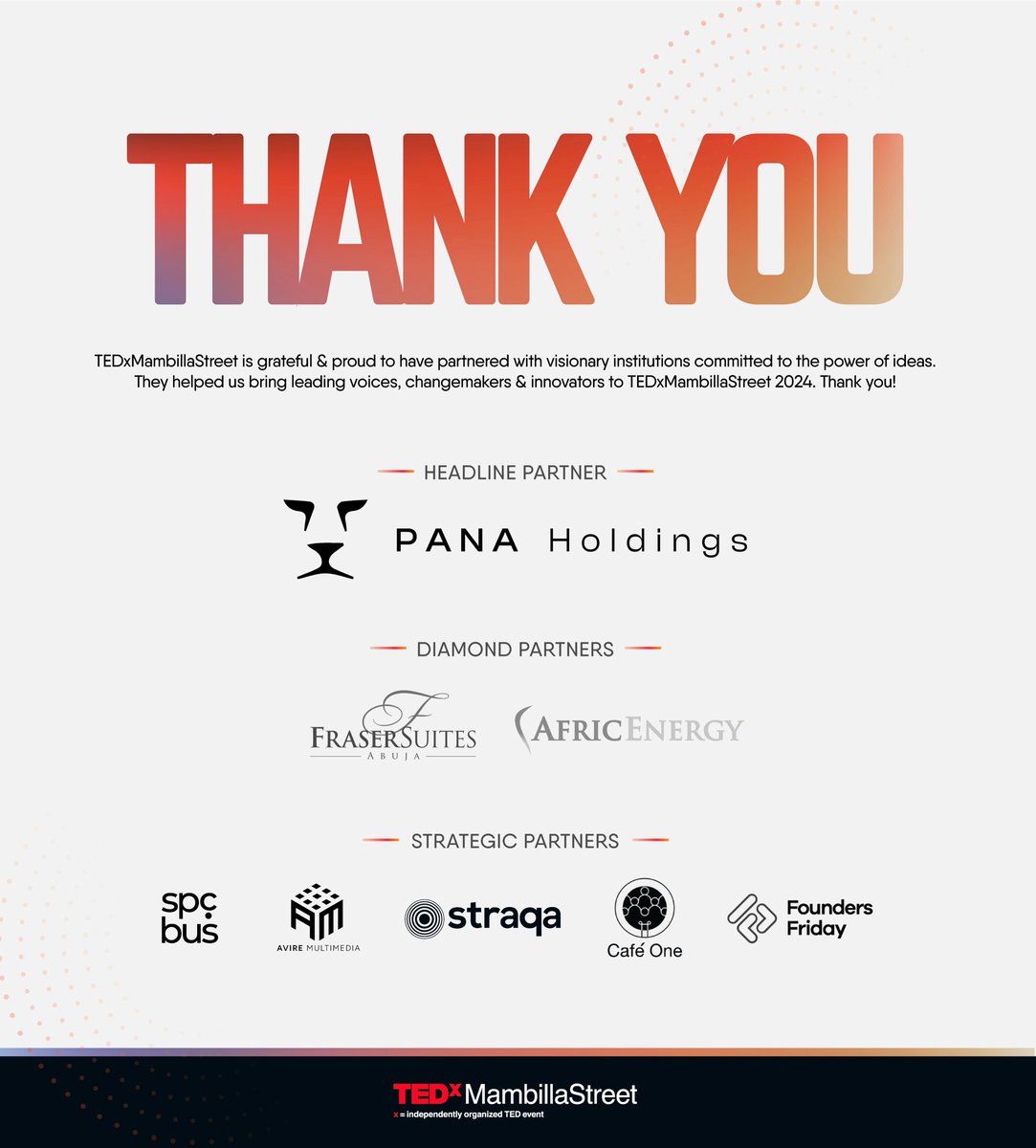 We're incredibly grateful to all the partners who made TEDxMambillaSt possible!

<a href="/PanaHoldings/">PANA Holdings</a>, <a href="/FSAbuja/">Fraser Suites Abuja</a>, <a href="/afric_energy/">AfricEnergy And Infrastructure Limited</a>, Spcbus, Avire Multimedia @straqahq, <a href="/Cafeonenig/">Café One</a> &amp; FoundersFriday

Your support helped us build a portal, a platform for ideas worth spreading in our community.