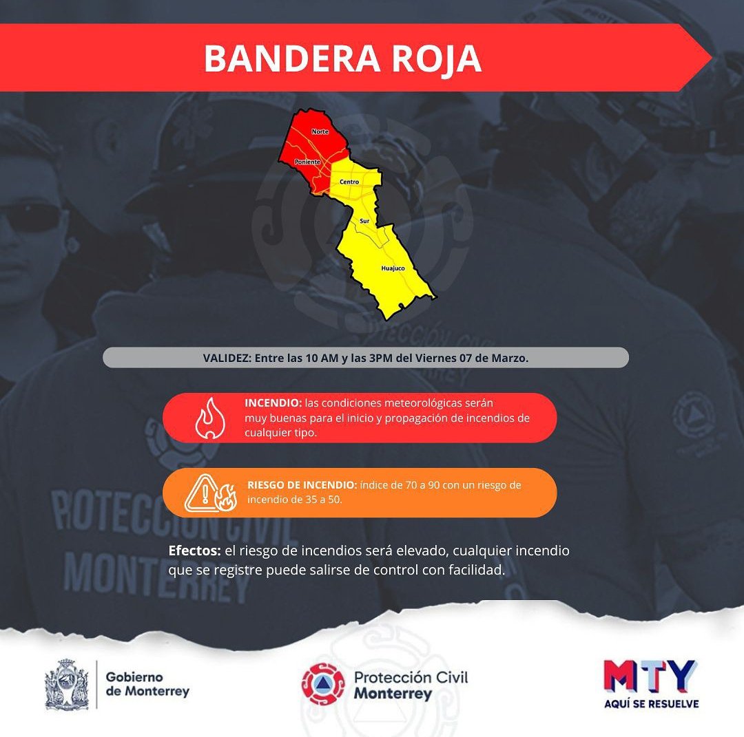 nelvaldez's tweet photo. ALERTA 🚨
#Monterrey ha activado la bandera roja (riesgo muy alto de incendios) para hoy Viernes. Todas las precauciones. https://t.co/3NWF7xkLdE