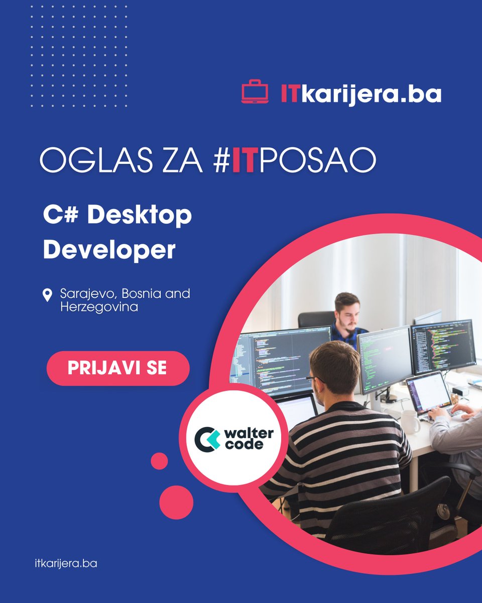 itkarijera's tweet image. 🚀 Walter Code zapošljava: C# Desktop Developer
📩 Prijavite se odmah! Više informacija 👉itkarijera.ba/poslovi/1012
#CSharp #DesktopDevelopment #WalterCode #ITKarijera